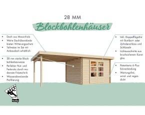 Karibu Holz-Gartenhaus Bastrup 3 + 3m Anbaudach + Seiten + Rückwand - 28mm Blockbohlenhaus - Gartenhaus Lounge - Pultdach - natur