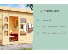 Karibu Holz-Gartenhaus Bastrup 3 + 3m Anbaudach + Seiten + Rückwand - 28mm Blockbohlenhaus - Gartenhaus Lounge - Pultdach - natur