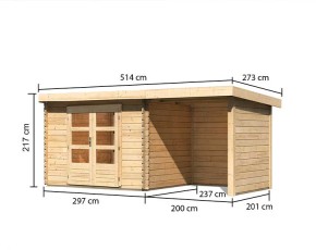 Karibu Holz-Gartenhaus Bastrup 3 + 2m Anbaudach + Seiten + Rückwand - 28mm Blockbohlenhaus - Gartenhaus Lounge - Pultdach - natur