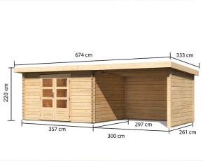 Karibu Holz-Gartenhaus Bastrup 7 + 3m Anbaudach + Seiten + Rückwand - 28mm Blockbohlenhaus - Gartenhaus Lounge - Pultdach - natur