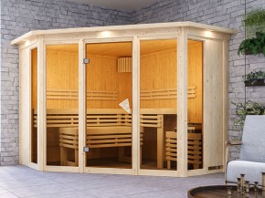 Karibu Innensauna Alcinda + Glasfront + Superior-Ausstattung + Dachkranz - 68mm Elementsauna - Ecksauna