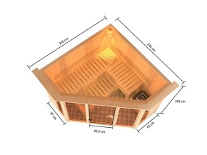 Karibu Innensauna Alcinda + Glasfront + Superior-Ausstattung + Dachkranz + 9kW Saunaofen + integrierte Steuerung - 68mm Elementsauna - Ecksauna