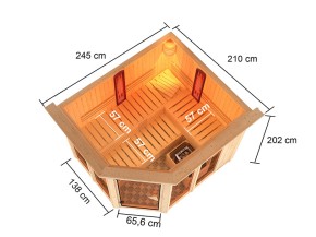 Karibu Innensauna Ava + Dachkranz + 9kW Bio-Kombiofen + 2 Infrarotstrahler - 68mm Elementsauna - Ecksauna - Kombikabine - Glasfront