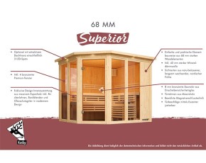 Karibu Innensauna Asta + Dachkranz + 9kW Saunaofen + 2 Infrarotstrahler - 68mm Elementsauna - Ecksauna - Kombisauna - Glasfront