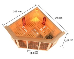 Karibu Innensauna Asta + Dachkranz + 9kW Saunaofen + 2 Infrarotstrahler - 68mm Elementsauna - Ecksauna - Kombisauna - Glasfront