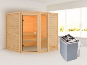 Woodfeeling 38 mm Massivholzsauna Tabea - für niedrige Räume - ohne Dachkranz - 9kW Saunaofen mit integr. Steuerung