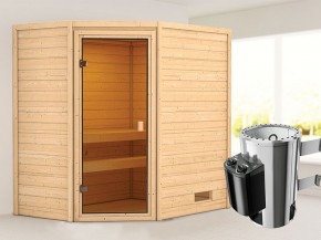 Karibu Innensauna Jella - 38 mm Blockbohlensauna - für niedrige Räume - ohne Dachkranz - 3,6kW Plug&Play Saunaofen mit integr. Steuerung