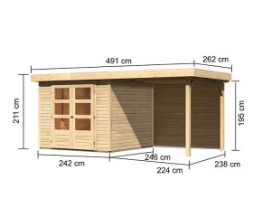 Karibu Holz-Gartenhaus Askola 3,5 + 2,4m Anbaudach + Rückwand - 19mm Elementhaus - Flachdach - natur