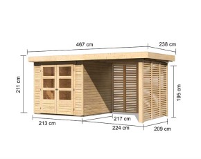 Karibu Holz-Gartenhaus Askola 2 + 2,4m Anbaudach + Lamellenwände - 19mm Elementhaus - Flachdach - natur