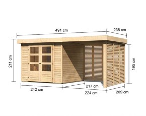 Karibu Holz-Gartenhaus Askola 3 + 2,4m Anbaudach + Lamellenwände - 19mm Elementhaus - Flachdach - natur