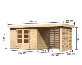Karibu Holz-Gartenhaus Askola 4 + 2,4m Anbaudach + Lamellenwände - 19mm Elementhaus - Flachdach - natur