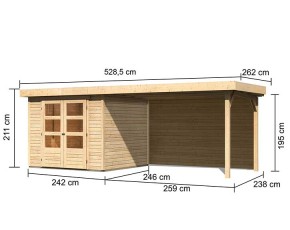 Karibu Holz-Gartenhaus Askola 3,5 + 2,8m Anbaudach + Rückwand - 19mm Elementhaus - Flachdach - natur