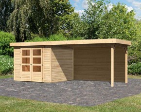 Karibu Holz-Gartenhaus Askola 3,5 + 2,8m Anbaudach + Rückwand - 19mm Elementhaus - Flachdach - natur
