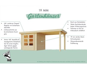 Karibu Holz-Gartenhaus Askola 3 + 2,8m Anbaudach + Lamellenwände - 19mm Elementhaus - Flachdach - natur