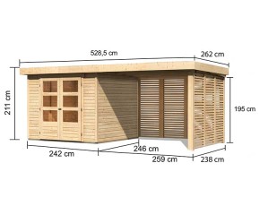 Karibu Holz-Gartenhaus Askola 3,5 + 2,8m Anbaudach + Lamellenwände - 19mm Elementhaus - Flachdach - natur