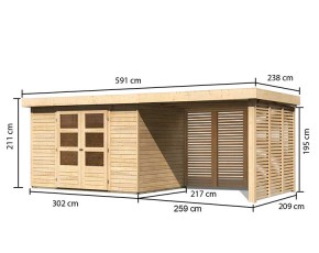 Karibu Holz-Gartenhaus Askola 4 + 2,8m Anbaudach + Lamellenwände - 19mm Elementhaus - Flachdach - natur