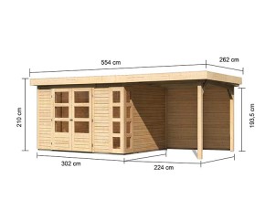 Karibu Holz-Gartenhaus Kerko 5 + 2,4m Anbaudach + Rückwand - 19mm Elementhaus - Flachdach - natur