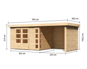 Karibu Holz-Gartenhaus Kerko 5 + 2,4m Anbaudach + Seiten + Rückwand - 19mm Elementhaus - Flachdach - natur