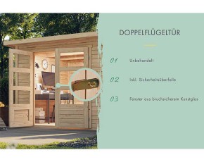 Karibu Holz-Gartenhaus Kerko 5 + 2,8m Anbaudach + Rückwand - 19mm Elementhaus - Flachdach - natur