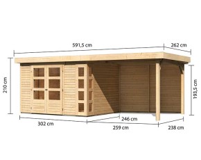 Karibu Holz-Gartenhaus Kerko 5 + 2,8m Anbaudach + Rückwand - 19mm Elementhaus - Flachdach - natur