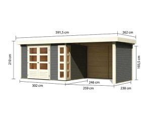 Karibu Holz-Gartenhaus Kerko 5 + 2,8m Anbaudach + Seiten + Rückwand - 19mm Elementhaus - Flachdach - terragrau