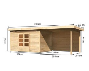 Karibu Holz-Gartenhaus Kandern 7 + 3,2m Anbaudach + Rückwand - 28mm Elementhaus - Pultdach - natur