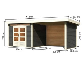 Karibu Holz-Gartenhaus Kandern 6 + 3,2m Anbaudach + Seiten + Rückwand - 28mm Elementhaus - Gartenhaus Lounge - Pultdach - terragrau