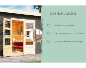 Karibu Holz-Gartenhaus Kandern 7 + 3,2m Anbaudach + Seiten + Rückwand - 28mm Elementhaus - Gartenhaus Lounge - Pultdach - terragrau