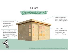Karibu Holz-Gartenhaus Neuruppin 3 + 3,2m Anbaudach + Rückwand - 28mm Elementhaus - Flachdach - natur