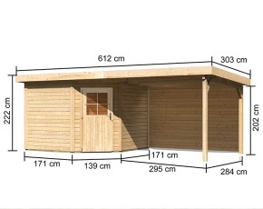 Karibu Holz-Gartenhaus Neuruppin 3 + 3,2m Anbaudach + Rückwand - 28mm Elementhaus - Flachdach - natur