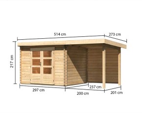 Karibu Holz-Gartenhaus Bastrup 3 + 2m Anbaudach + Rückwand - 28mm Blockbohlenhaus - Pultdach - natur