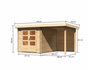 Karibu Holz-Gartenhaus Bastrup 4 + 2m Anbaudach + Rückwand - 28mm Blockbohlenhaus - Pultdach - natur