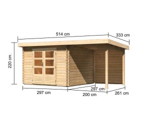 Karibu Holz-Gartenhaus Bastrup 5 + 2m Anbaudach + Rückwand - 28mm Blockbohlenhaus - Pultdach - natur