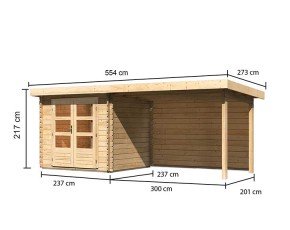 Karibu Holz-Gartenhaus Bastrup 2 + 3m Anbaudach + Rückwand - 28mm Blockbohlenhaus - Pultdach - natur