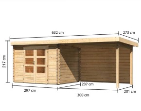 Karibu Holz-Gartenhaus Bastrup 3 + 3m Anbaudach + Rückwand - 28mm Blockbohlenhaus - Pultdach - natur