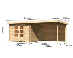 Karibu Holz-Gartenhaus Bastrup 5 + 3m Anbaudach + Rückwand - 28mm Blockbohlenhaus - Pultdach - natur