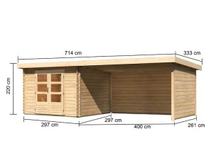 Karibu Holz-Gartenhaus Bastrup 5 + 4m Anbaudach + Seiten + Rückwand - 28mm Blockbohlenhaus  - Gartenhaus Lounge - Pultdach - natur