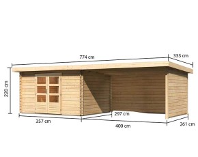 Karibu Holz-Gartenhaus Bastrup 7 + 4m Anbaudach + Seiten + Rückwand - 28mm Blockbohlenhaus - Gartenhaus Lounge - Pultdach - natur