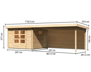 Karibu Holz-Gartenhaus Trittau 3 + 4,4m Anbaudach + Rückwand - 38mm Blockbohlenhaus - Pultdach - natur