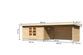 Karibu Holz-Gartenhaus Trittau 5 + 4,4m Anbaudach + Seiten + Rückwand - 38mm Blockbohlenhaus - Gartenhaus Lounge - Pultdach - natur