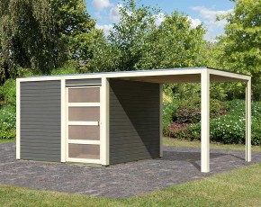 Karibu Holz-Gartenhaus Qubic 2 + 2,4m Anbaudach - 19mm Elementhaus - Flachdach - terragrau