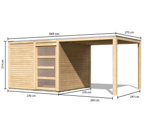 Karibu Holz-Gartenhaus Qubic 2 + 2,4m Anbaudach - 19mm Elementhaus - Flachdach - natur