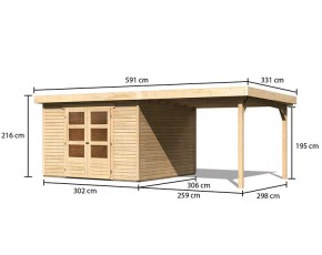 Karibu Holz-Gartenhaus Askola 6 + 2,8m Anbaudach - 19mm Elementhaus - Flachdach - natur
