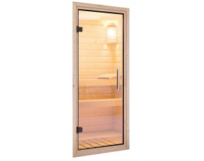 Karibu Innensauna Taurin + Dachkranz - 68mm Elementsauna - Ganzglastür klar - Ecksauna