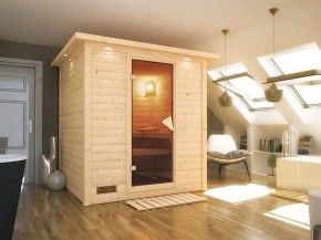 Karibu Innensauna Mojave + Comfort-Ausstattung + Dachkranz + 9kW Saunaofen + externe Steuerung Easy - 40mm Blockbohlensauna - Ganzglastür bronziert
