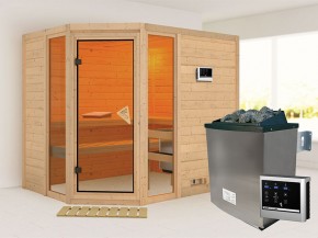 Karibu 40mm Comfort Massivholzsauna Sinai 3 - Eckeinstieg - Ganzglastür bronziert - 2 große Fenster - ohne Dachkranz - 9kW Saunaofen mit externer Steuerung Easy