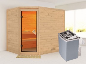 Karibu 40mm Comfort Massivholzsauna Tanami - Eckeinstieg - Ganzglastür bronziert - ohne Dachkranz - 9kW Saunaofen mit integr. Steuerung
