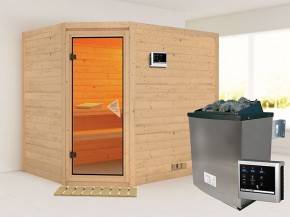 Karibu 40mm Comfort Massivholzsauna Tanami - Eckeinstieg - Ganzglastür bronziert - ohne Dachkranz - 9kW Saunaofen mit externer Steuerung Easy
