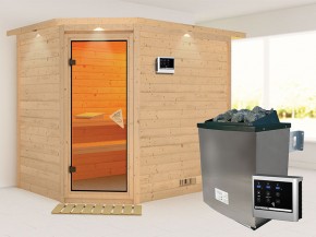 Karibu 40mm Comfort Massivholzsauna Tanami - Eckeinstieg - Ganzglastür bronziert - mit Dachkranz - 9kW Saunaofen mit externer Steuerung Easy