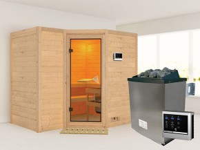 Karibu 40mm Comfort Massivholzsauna Sahib 2 - Eckeinstieg - Ganzglastür bronziert - ohne Dachkranz - 9kW Saunaofen mit externer Steuerung Easy